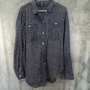 Chaps XXL Navy Blue White Polka Dot Nautical Preppy Summer Casual Long Sleeve